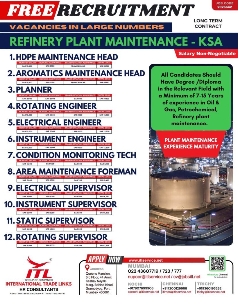Saudi Arabia Refinery Jobs 2026: Free Recruitment For Plant Maintenance