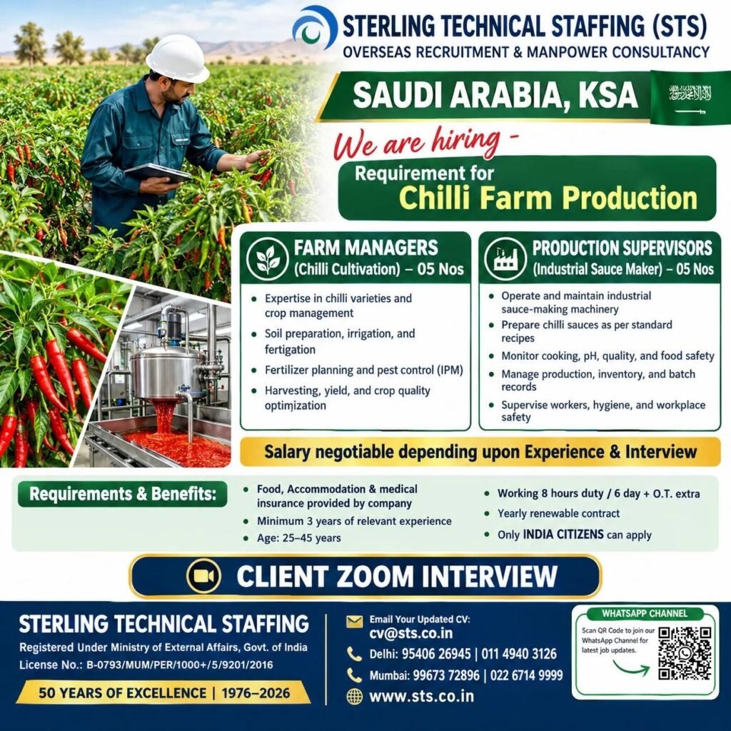 Recruiting experienced professionals for Chilli Farm Production in Saudi Arabia