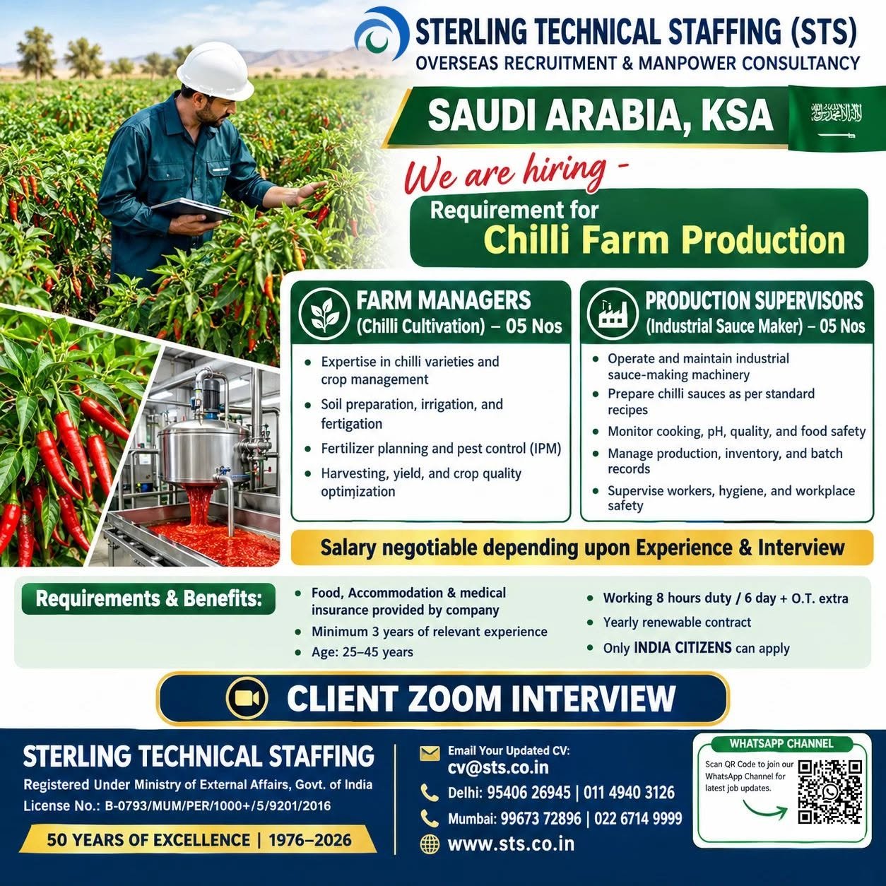 Recruiting experienced professionals for Chilli Farm Production in Saudi Arabia