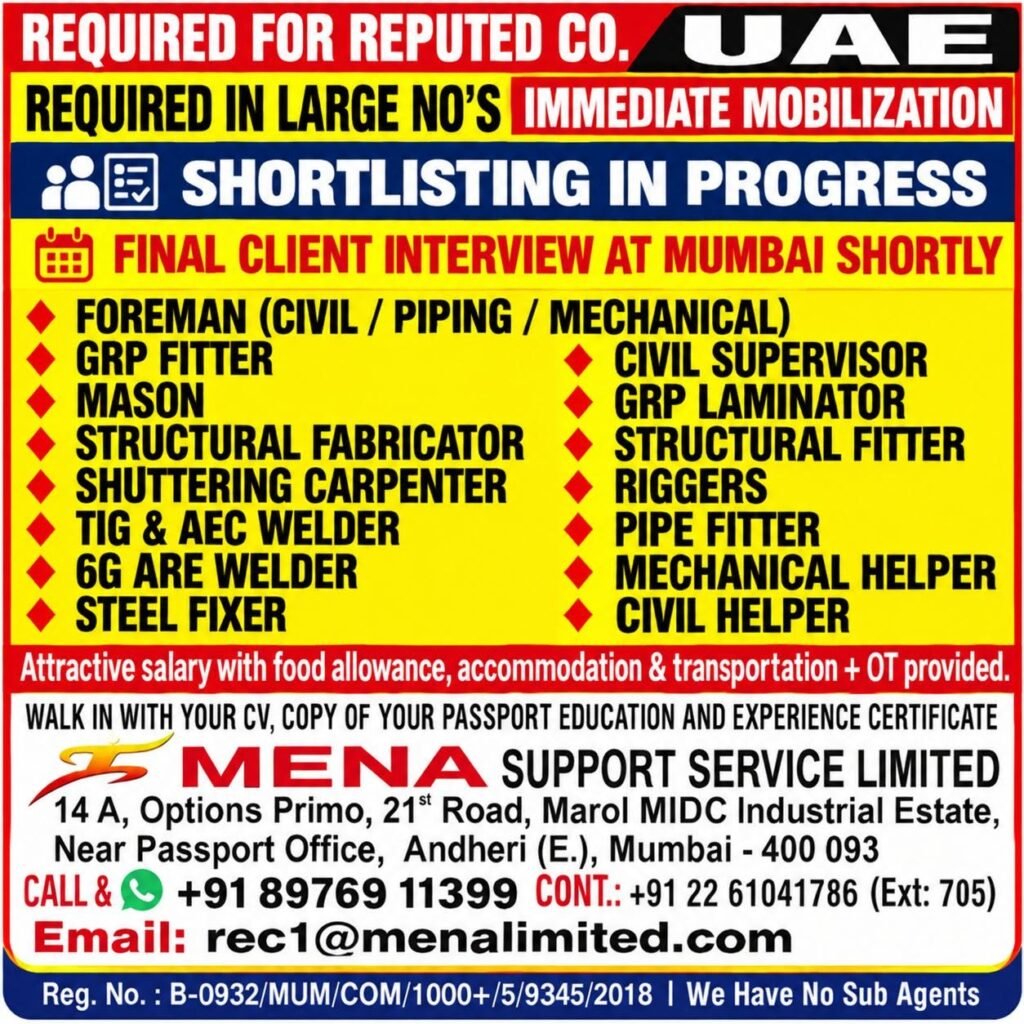 UAE Jobs 2026: Civil, Piping, Mechanical, Welding and Construction Vacancies
