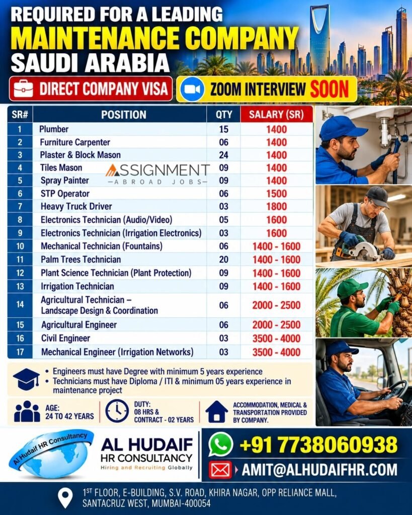 hiring for a Leading Maintenance Company in Saudi Arabia - Online Interview
