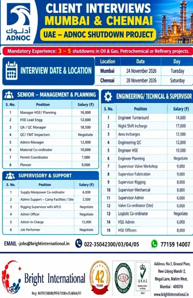 UAE Shutdown Jobs 2026: Bulk Vacancies for oil and gas, petrochemical, or refinery project UAE Shutdown Jobs 2026: Bulk Vacancies for oil and gas, petrochemical, or refinery project