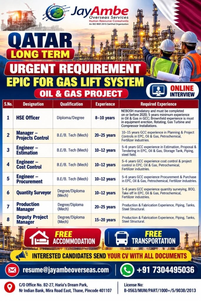 Qatar Oil & Gas Jobs 2026 – Gas Lift System Project Qatar Oil & Gas Jobs 2026 – Gas Lift System Project