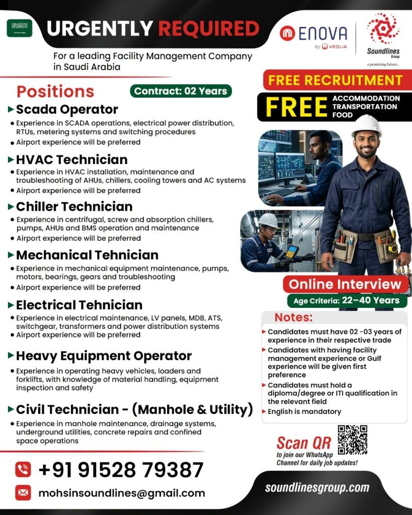 Recruitment For ENOVA Facility Management Company in Saudi Arabia