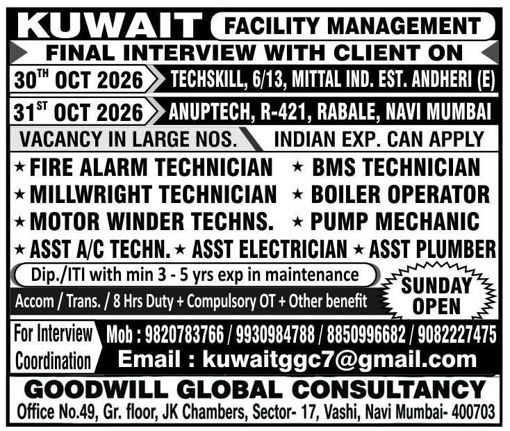 Kuwait Jobs 2026: Facility Management Vacancies for Technicians, Electricians, Plumbers and Operators