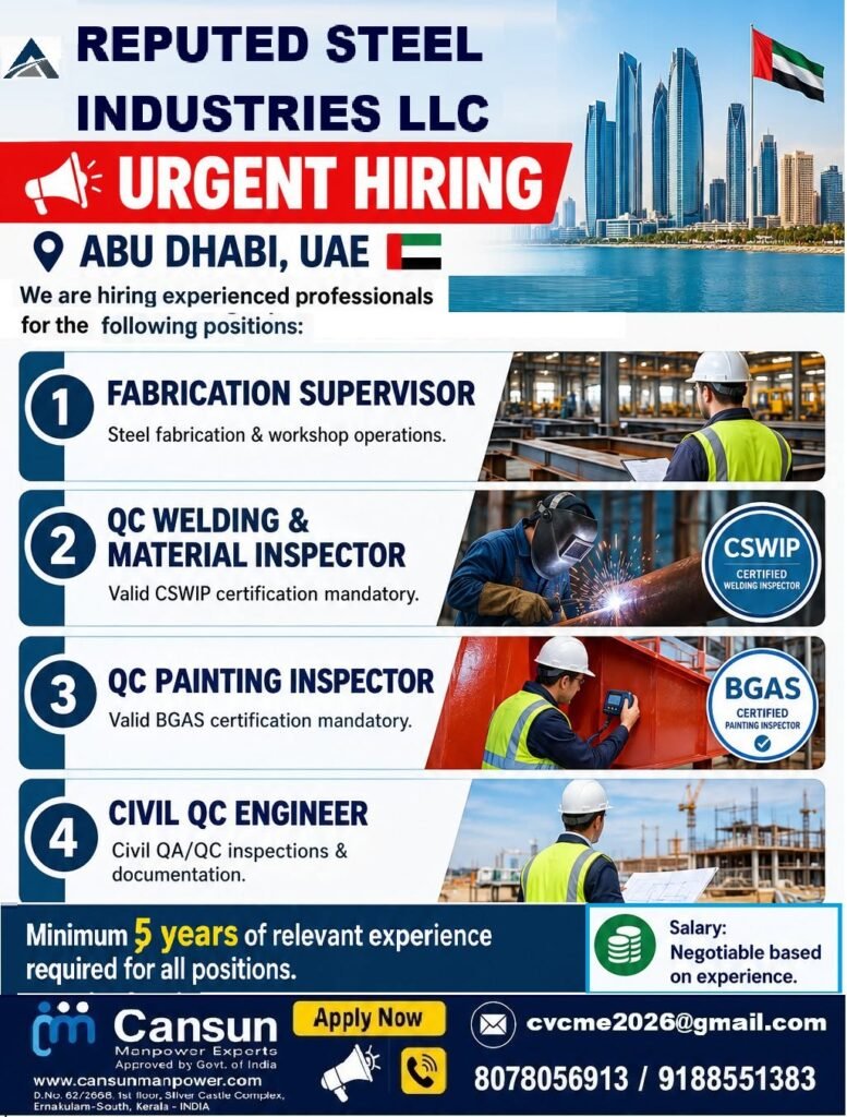 Abu Dhabi Jobs 2026: Recruiting for A reputed steel industries company