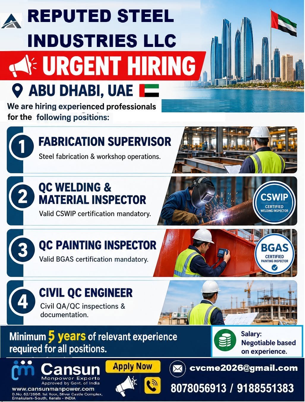 Abu Dhabi Jobs 2026: Recruiting for A reputed steel industries company