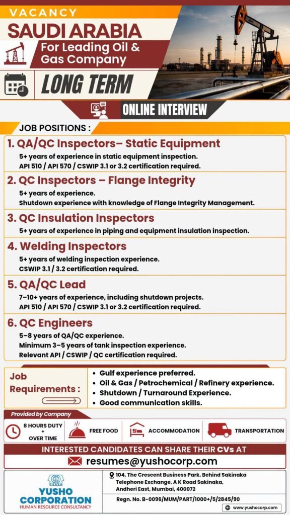 Saudi Arabia : long Term Jobs for leading Oil & Gas company - Online Interview Saudi Arabia : long Term Jobs for leading Oil & Gas company - Online Interview