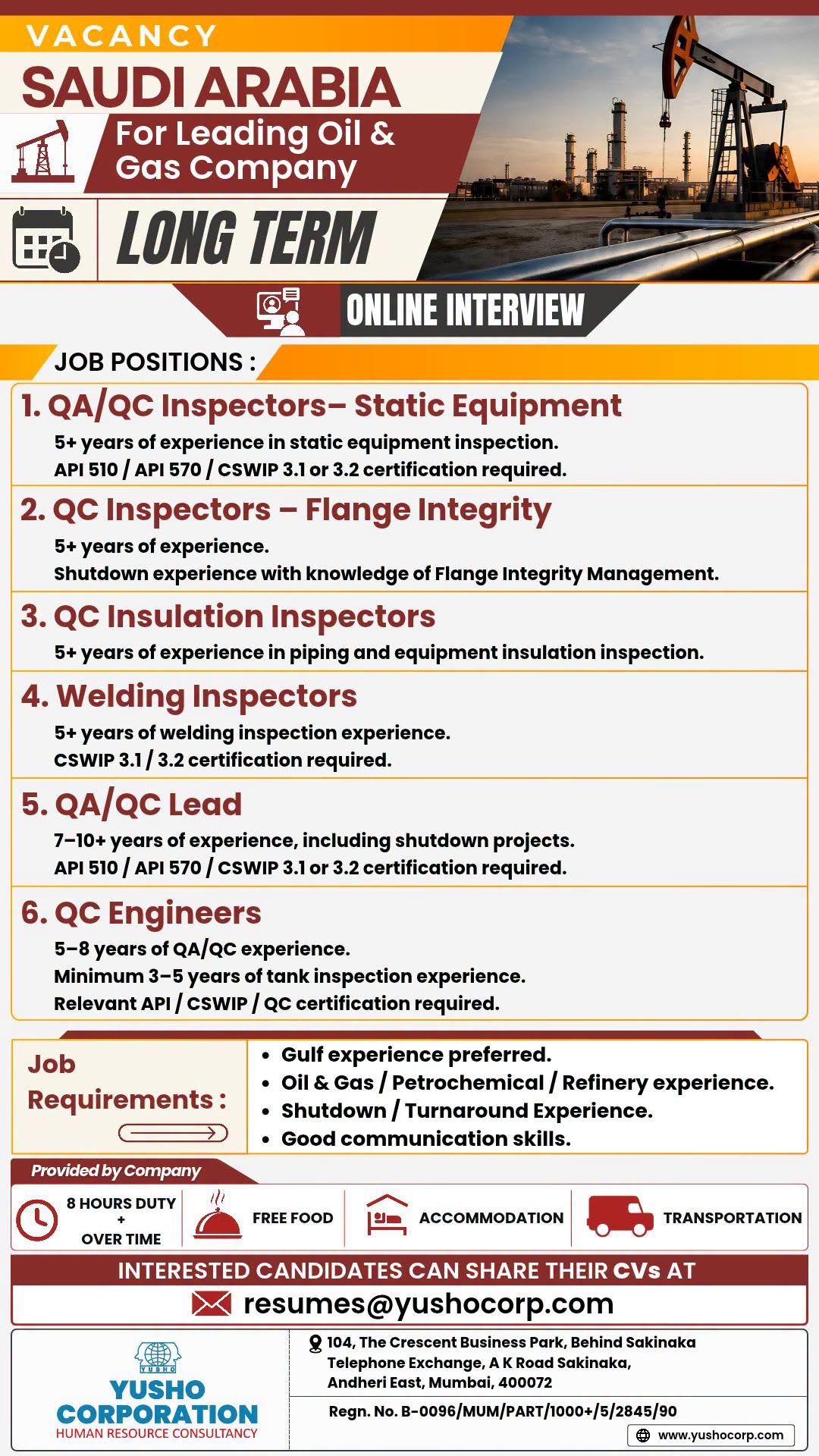 Saudi Arabia : long Term Jobs for leading Oil & Gas company - Online Interview