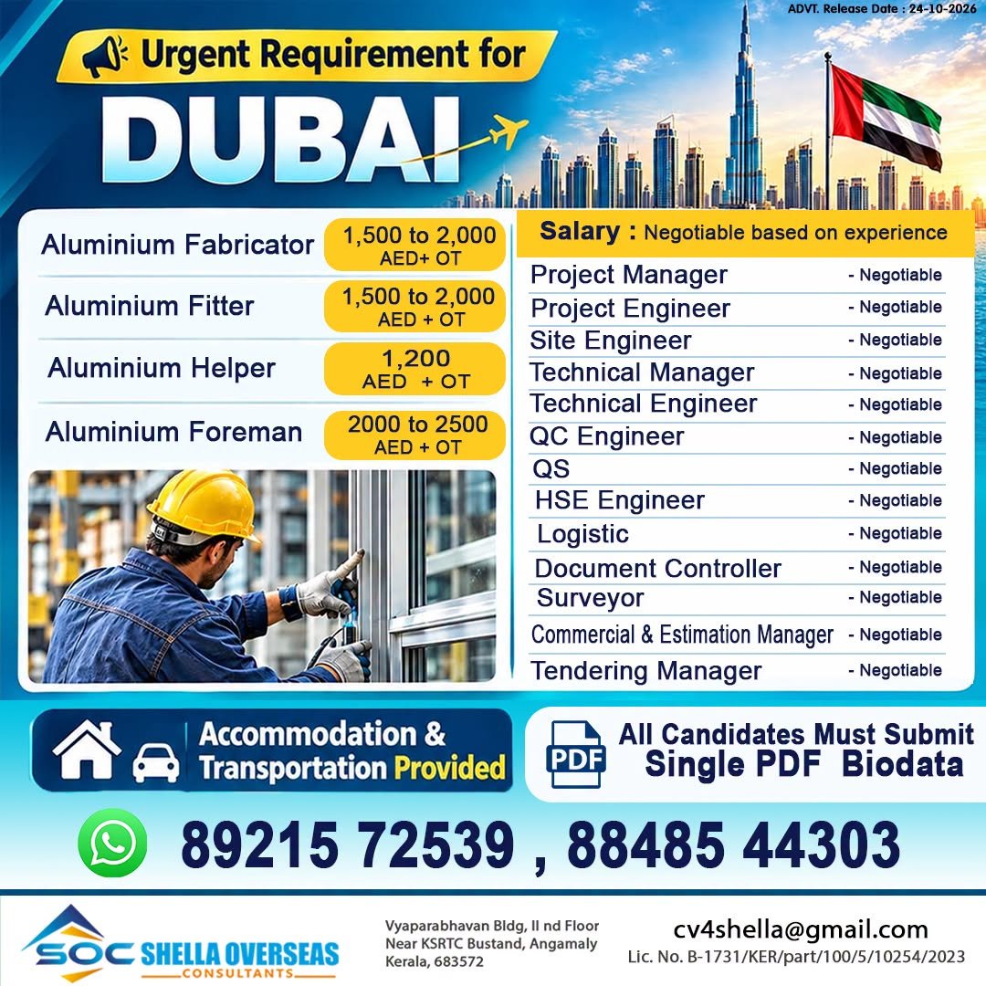 Dubai Jobs 2026: Aluminium Fabricators, Fitters, Engineers and Managers