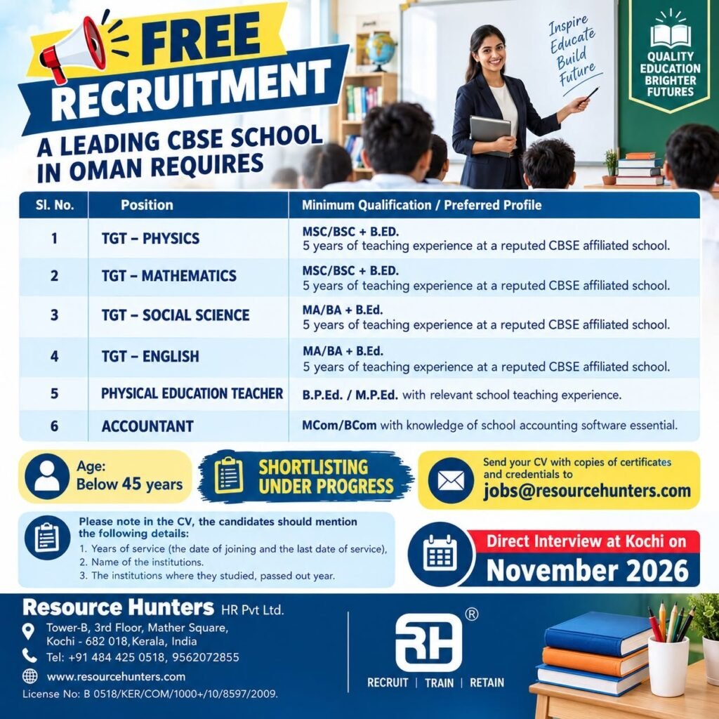 Oman School Jobs 2026: Teaching and Accountant Vacancies at a Leading CBSE School