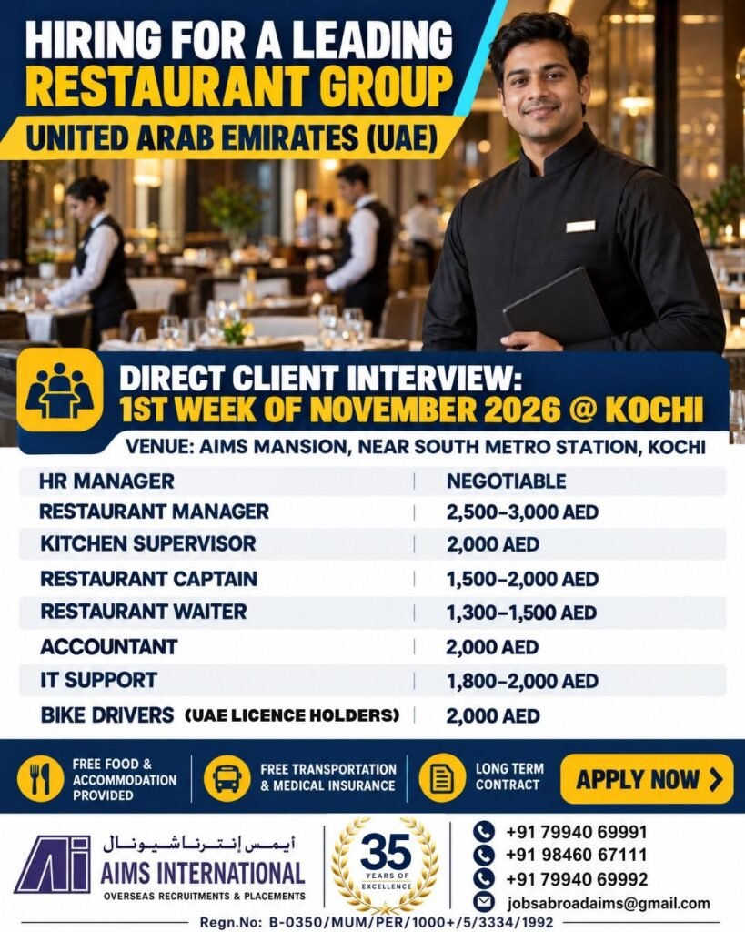 UAE Restaurant Jobs 2026: Multiple Vacancies for Managers, Waiters, Accountants and Drivers UAE Restaurant Jobs 2026: Multiple Vacancies for Managers, Waiters, Accountants and Drivers