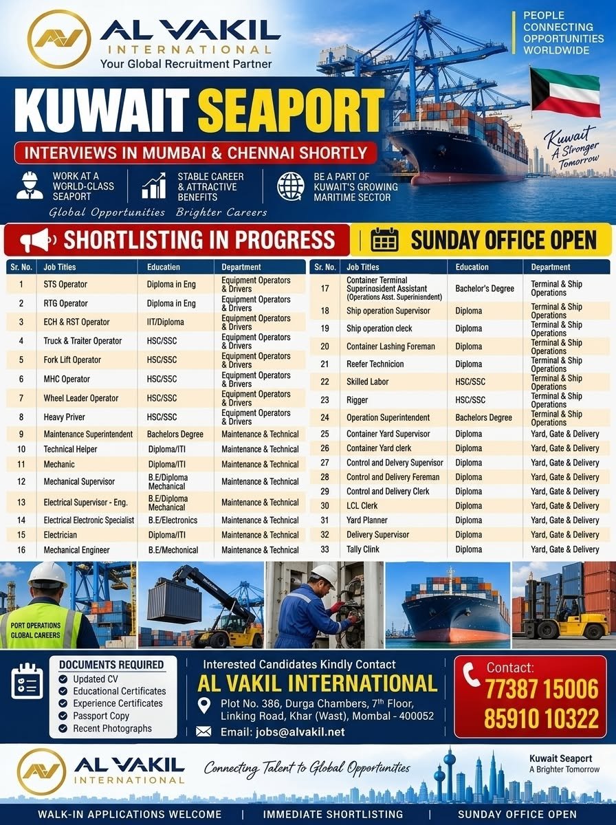 Recruitment for a leading Sea Port Company in Kuwait