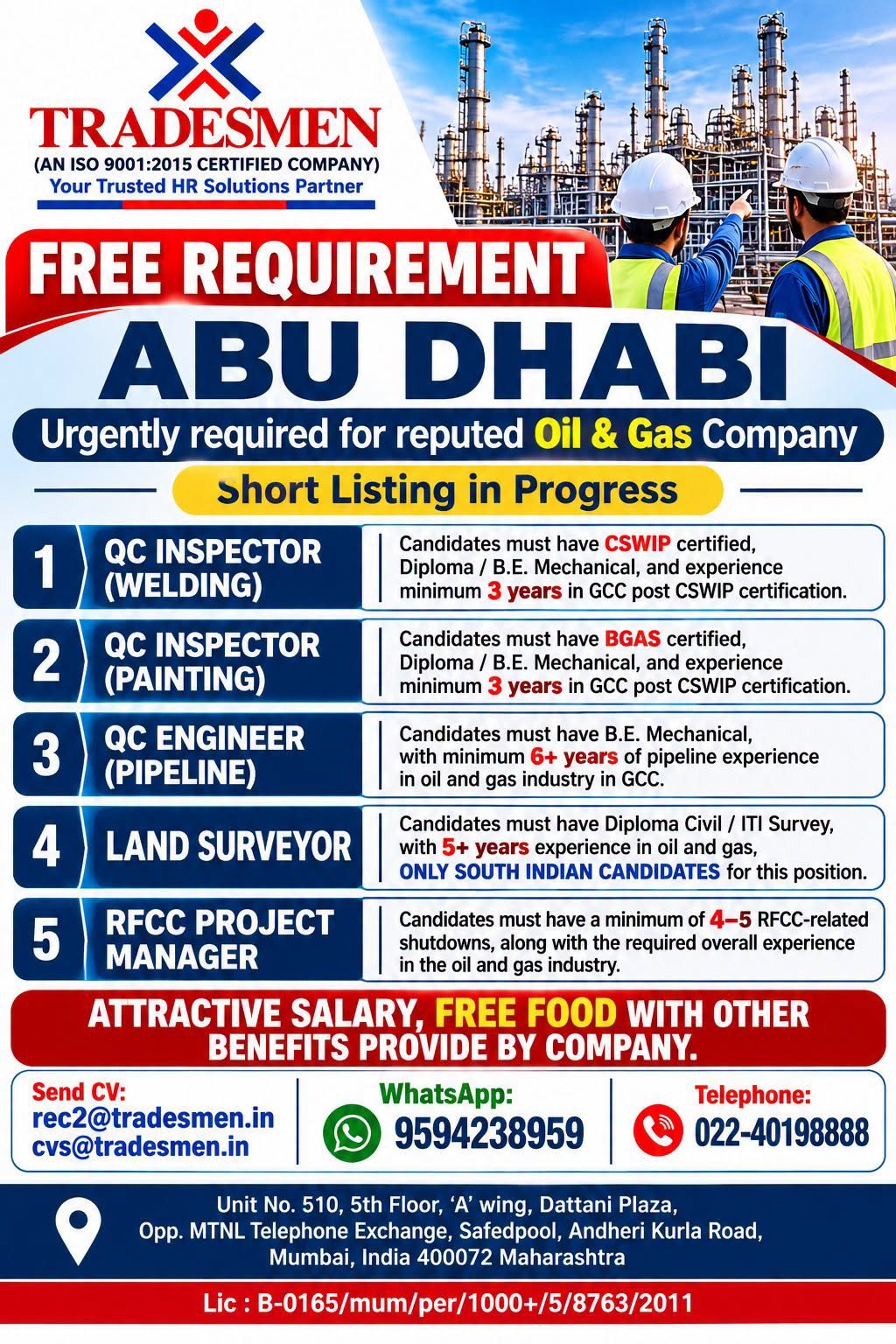 Abu Dhabi Oil and Gas Jobs 2026 – QC Inspectors, QC Engineer, Land Surveyor and RFCC Project Manager