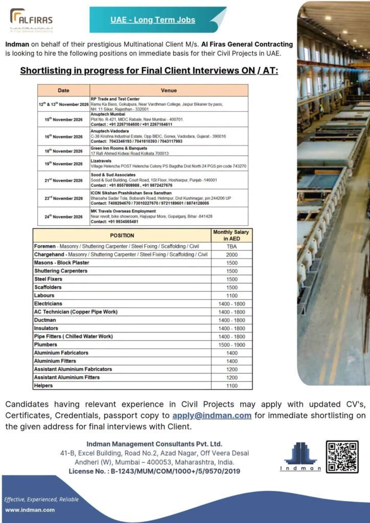 UAE Al Firas General Contracting Jobs 2026: Multiple Vacancies 