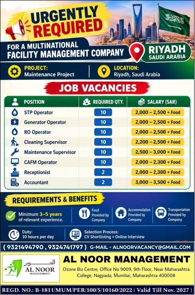 Saudi Arabia Jobs 2026: Hiring For multinational facility management company Saudi Arabia Jobs 2026: Hiring For multinational facility management company