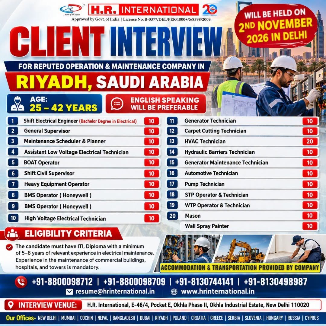 Hiring for a reputed Operation & Maintenance Company in Riyadh, Saudi Arabia