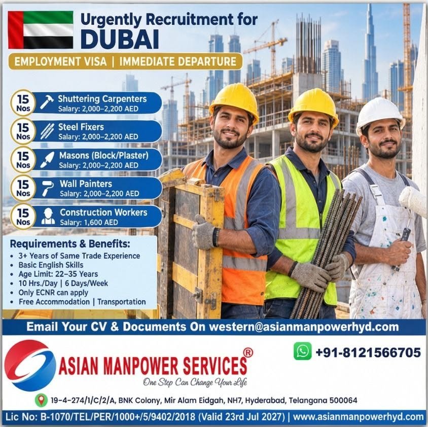 Dubai Jobs 2026: Construction Workers, Shuttering Carpenters, Steel Fixers and Masons Dubai Jobs 2026: Construction Workers, Shuttering Carpenters, Steel Fixers and Masons