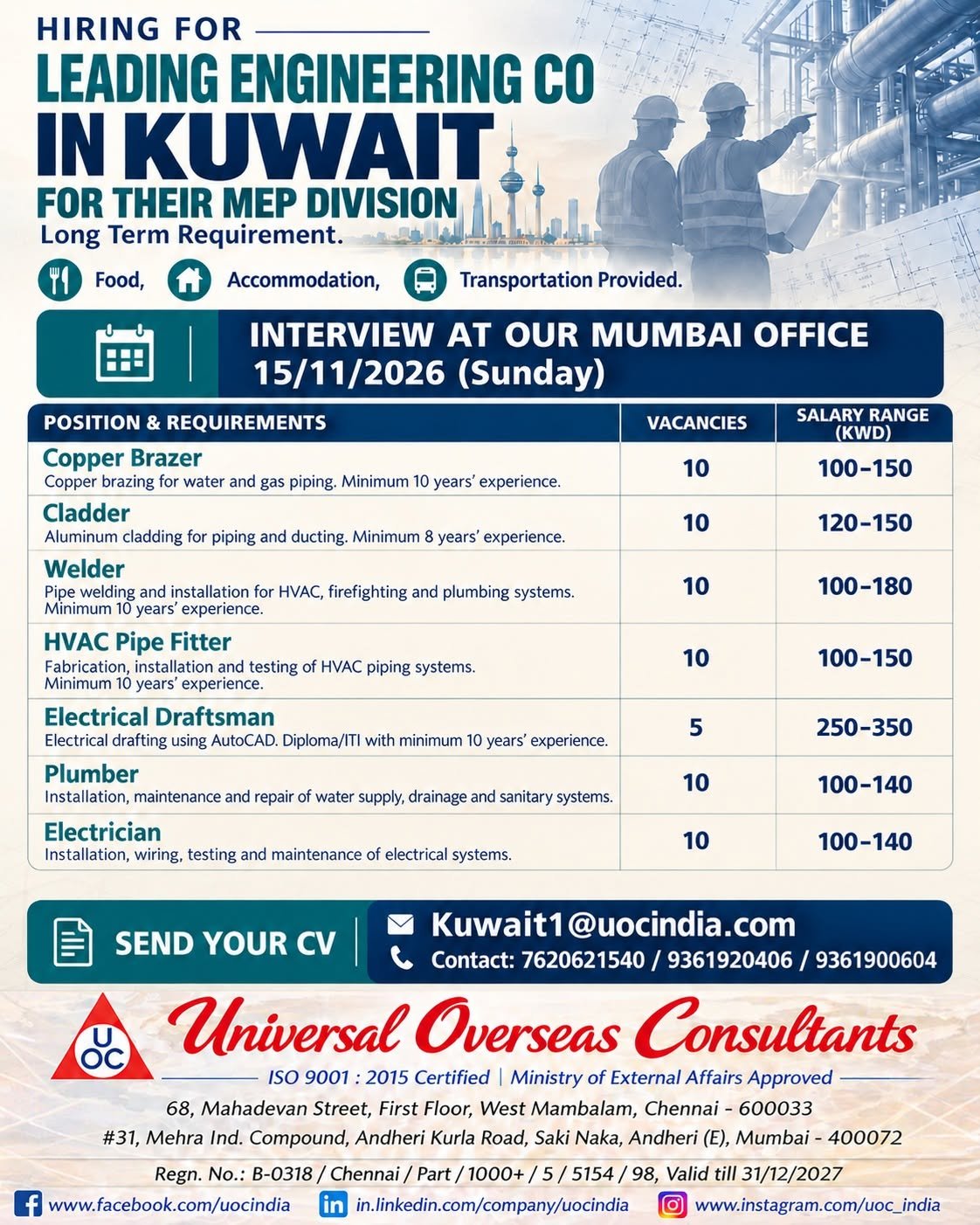 Kuwait MEP Jobs 2026 – Apply Today