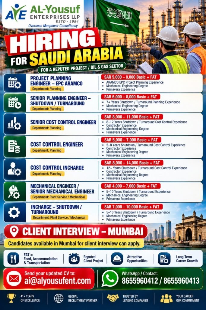 Saudi Arabia Jobs 2026 – Aramco Oil & Gas Project Hiring 