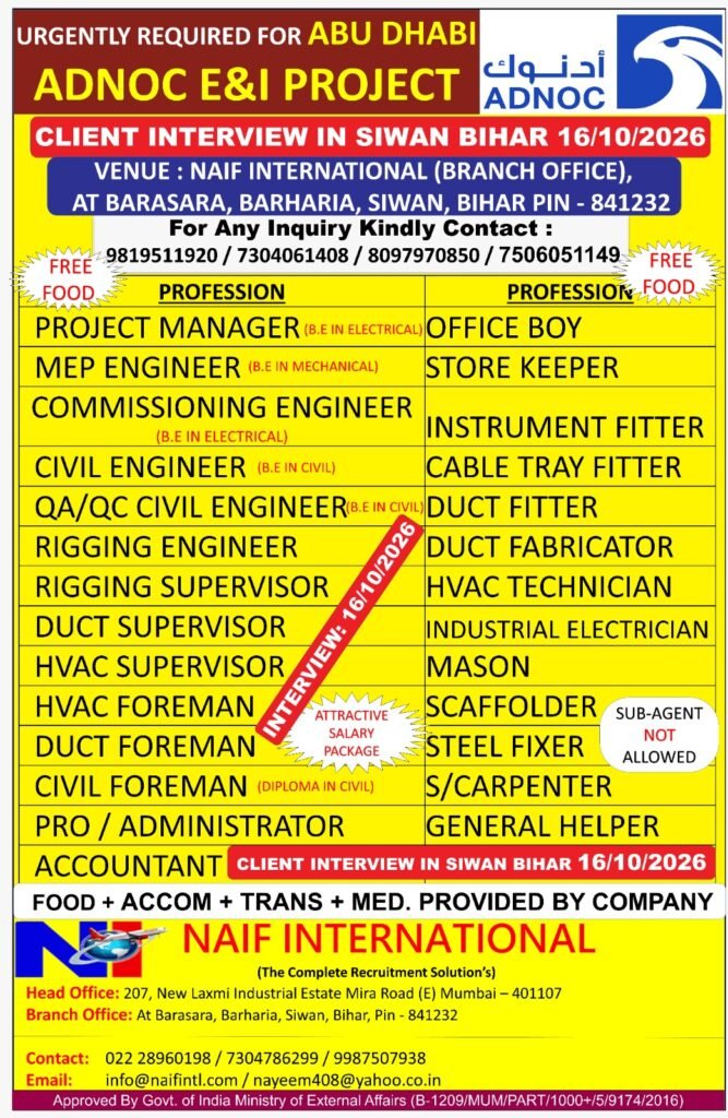 UAE Jobs 2026 – Urgent Hiring for Abu Dhabi E&I Project