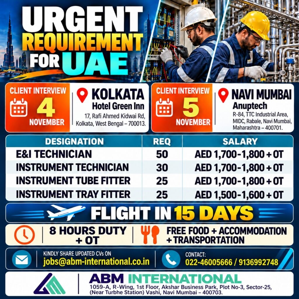 UAE Jobs 2026: 130 E&I and Instrumentation Vacancies 