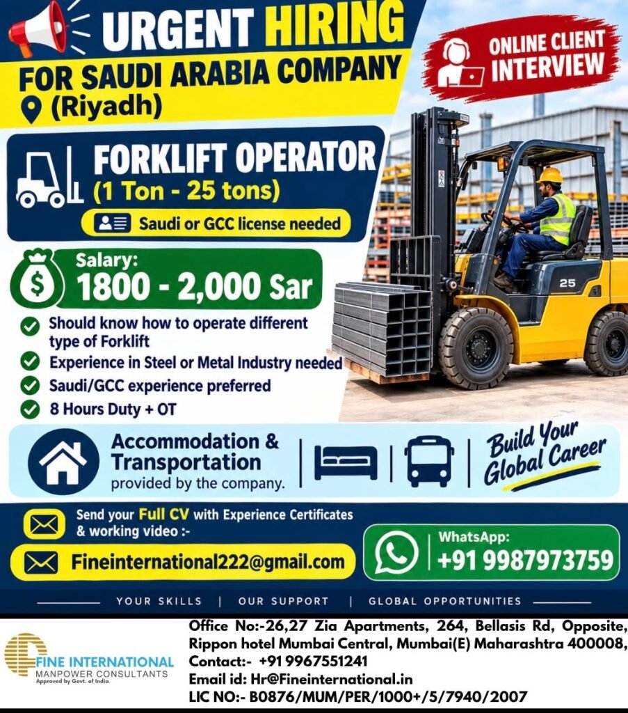 Saudi Arabia Forklift Operator Jobs 2026: Salary Up to SAR 2,000, Online Interview