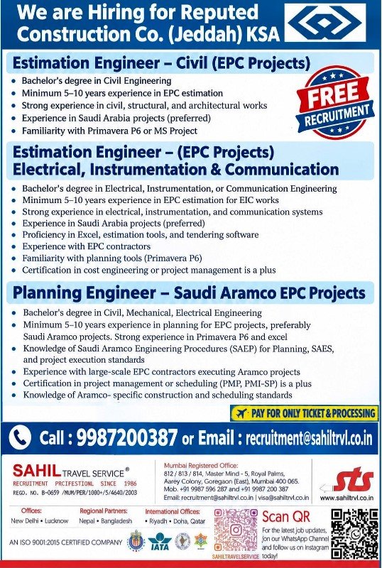 Saudi Arabia Jobs 2026: Civil, Electrical and Planning Engineer Vacancies in Jeddah