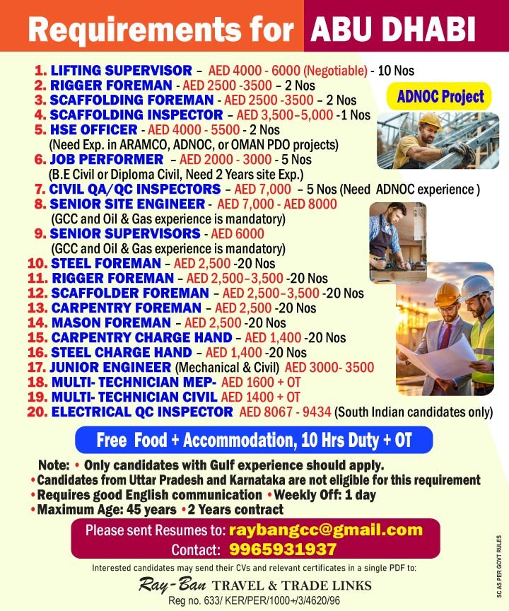 UAE Jobs 2026: Hiring Supervisors, Foremen, Engineers and Technicians