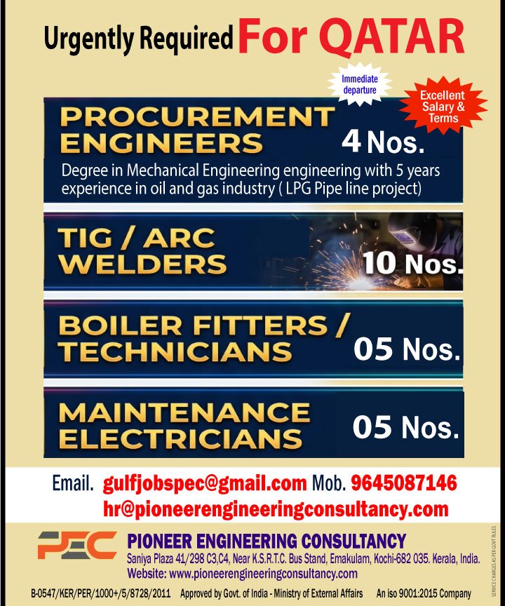 Qatar Jobs 2026: Procurement Engineers, TIG Welders, Boiler Fitters and Electricians Required