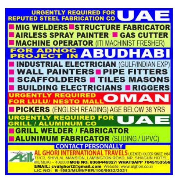 UAE & Oman obs 2026 – Urgent Vacancies for Welders, Fabricators, Electricians, Painters and Technicians