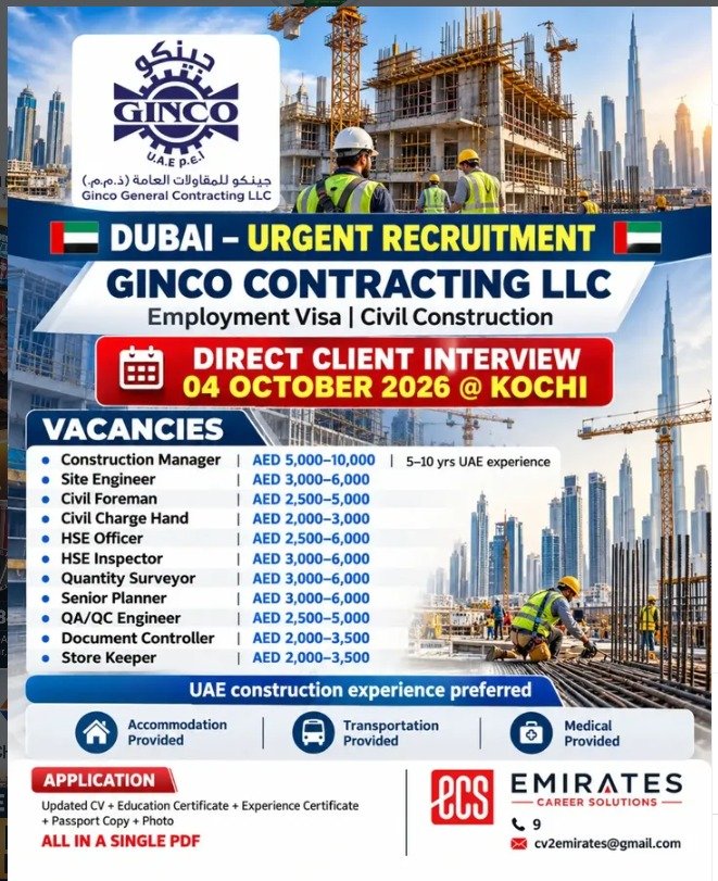 Ginco Contracting LLC Dubai Jobs 2026 – Urgent Recruitment Ginco Contracting LLC Dubai Jobs 2026 – Urgent Recruitment