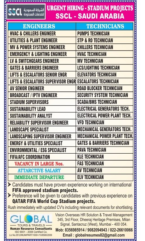 SSCL Saudi Arabia Jobs 2026 – Stadium Project Vacancies for Engineers & Technicians
