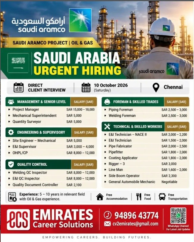 Saudi Aramco Jobs 2026: Urgent Hiring for Oil and Gas Project