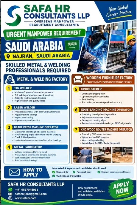 Saudi Arabia Jobs 2026: Urgent Vacancies for metal and welding factories & furniture manufacturing facilities