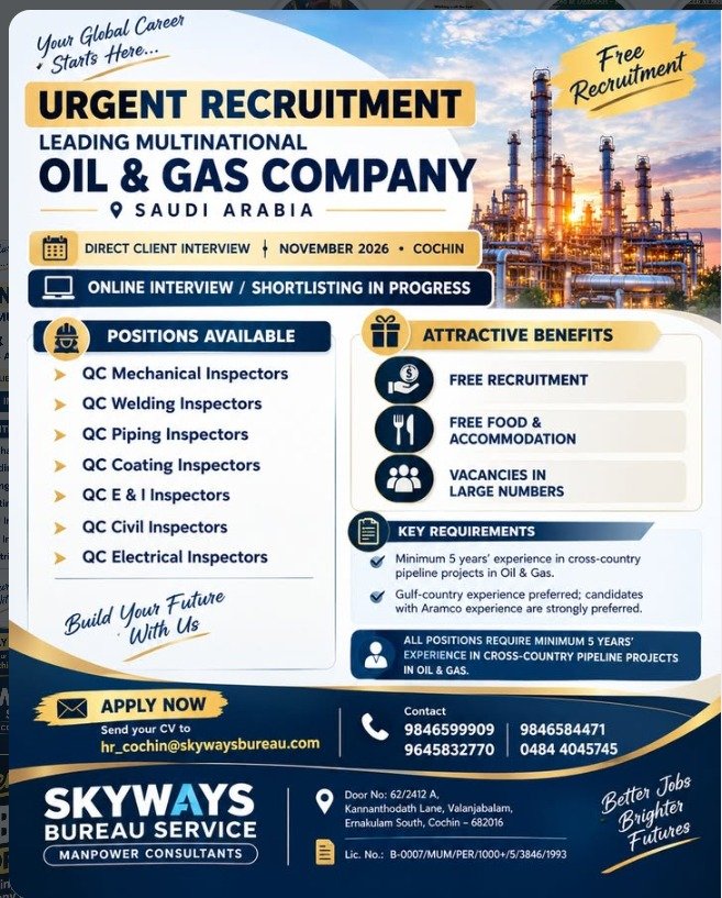 Saudi Arabia Oil and Gas Jobs 2026: QC Inspector Vacancies for Experienced Professionals Saudi Arabia Oil and Gas Jobs 2026: QC Inspector Vacancies for Experienced Professionals