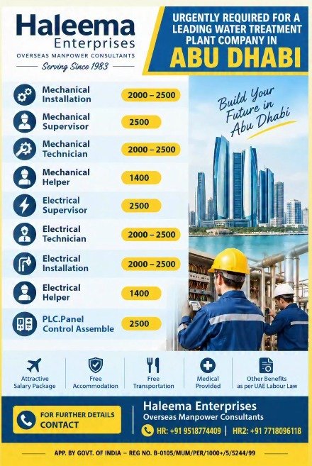 Abu Dhabi Water Treatment Plant Jobs 2026: Mechanical and Electrical Vacancies