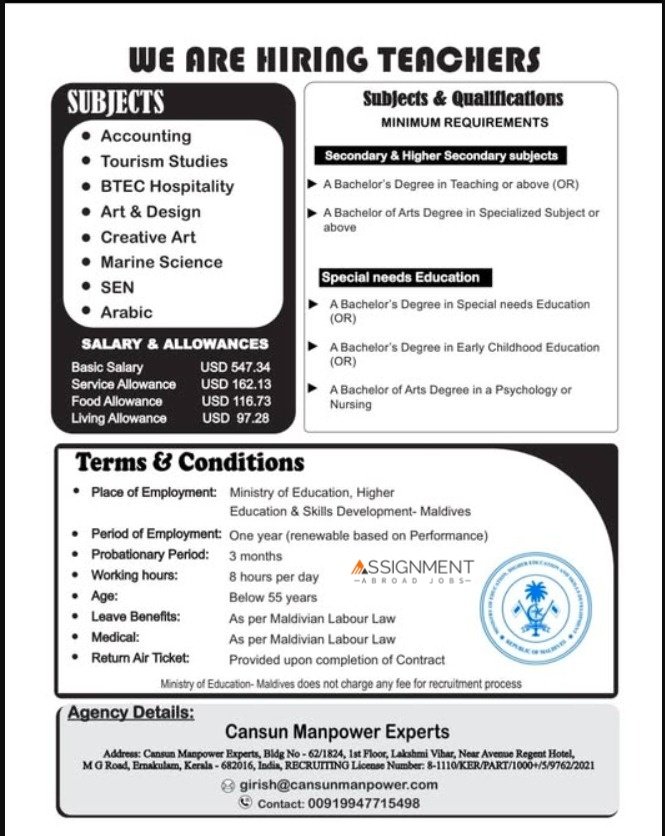 Maldives Teacher Jobs 2026: Teaching Vacancies for Accounting, Arabic, Art, Hospitality and Other Subjects