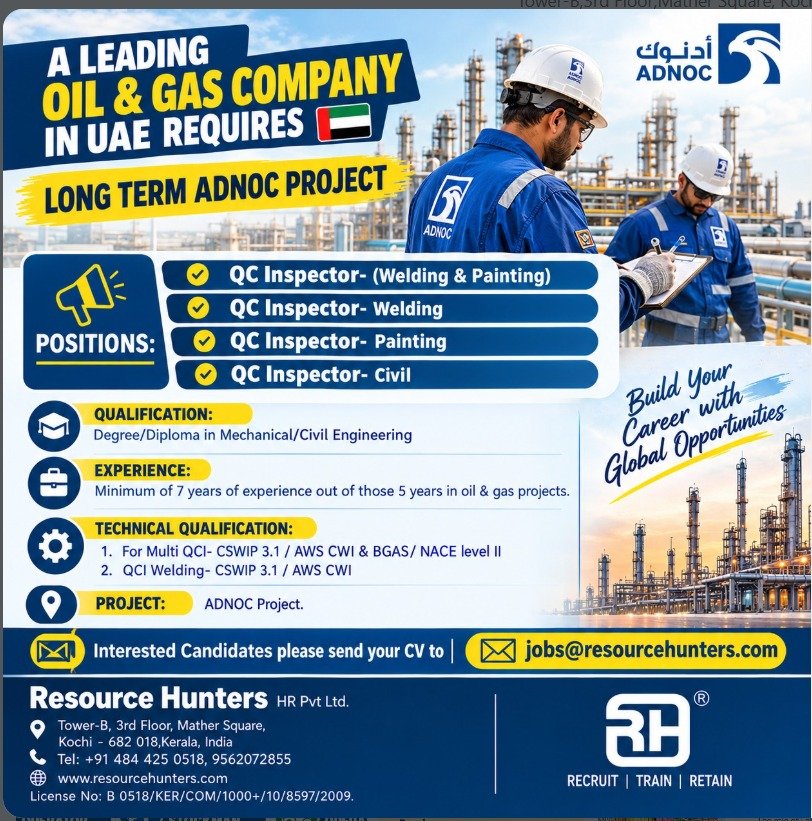 UAE Jobs 2026: QC Inspector Vacancies for Welding, Painting and Civil