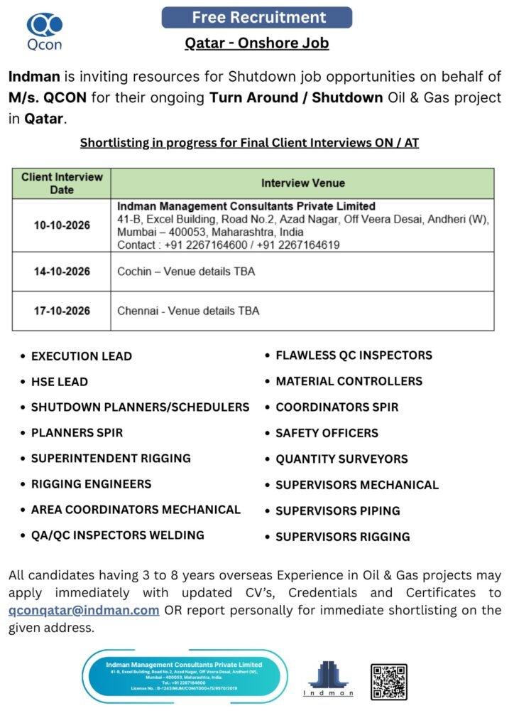 Onshore Jobs Qatar - Turn Around / Shutdown Oil & Gas project
