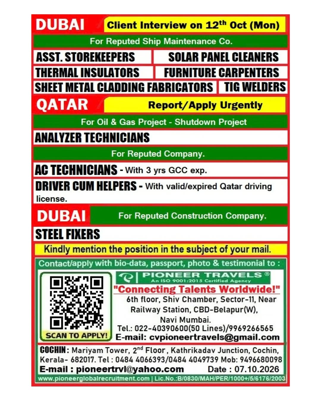 Urgent Recruitment For Dubai & Qatar