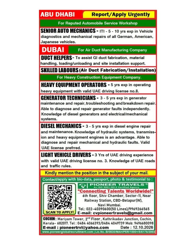Urgent Hiring For Dubai & Abudhabi