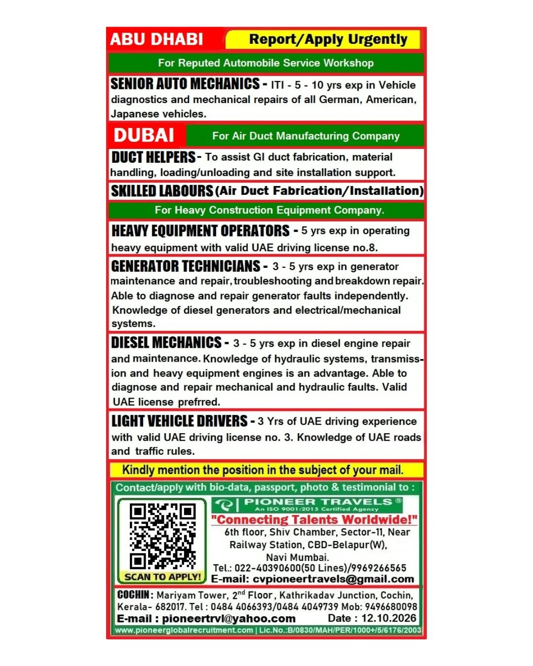 Urgent Hiring For Dubai & Abudhabi