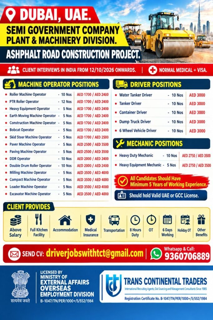 Dubai Road Construction Project Jobs 2026 – Urgent Hiring