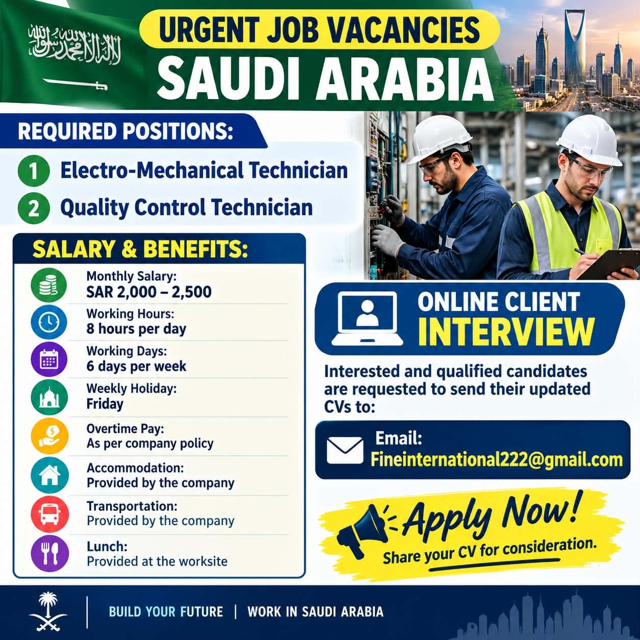 Saudi Arabia Jobs 2026: Electro-Mechanical Technician and Quality Control Technician