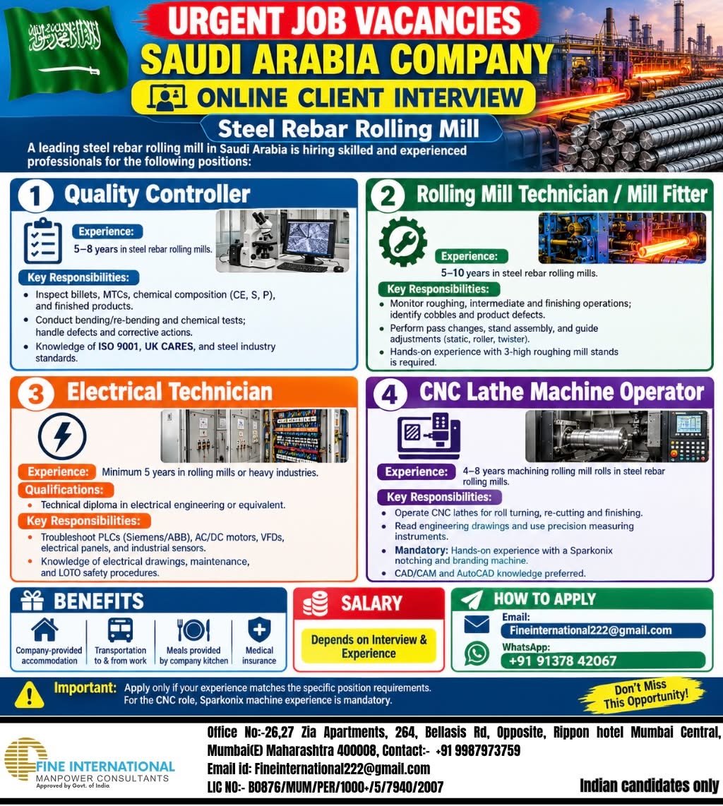 Saudi Arabia job vacancies – Steel rebar rolling mill