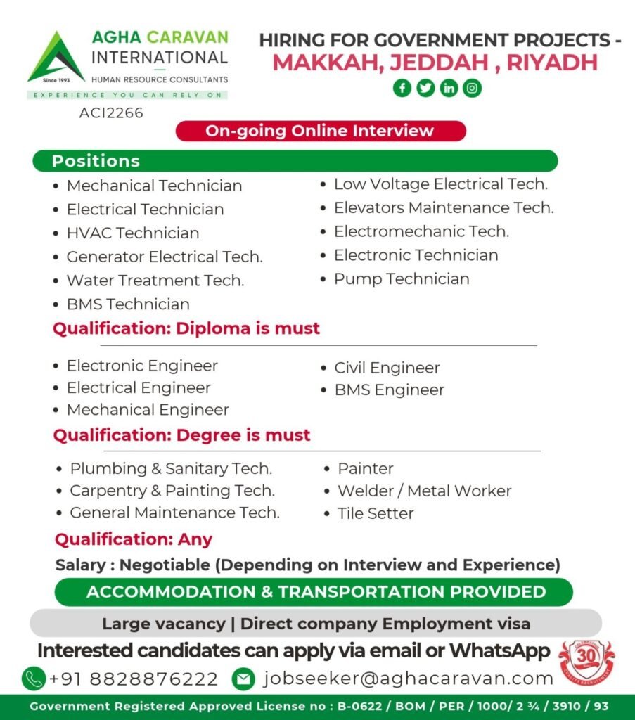 Saudi Arabia Jobs 2026 | Government Project Jobs | Technicians & Engineers