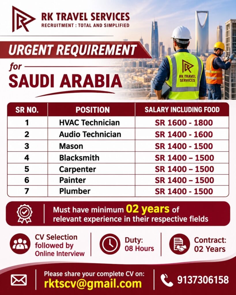 Saudi Arabia Jobs 2026: HVAC Technician, Mason, Carpenter and Other Vacancies Saudi Arabia Jobs 2026: HVAC Technician, Mason, Carpenter and Other Vacancies