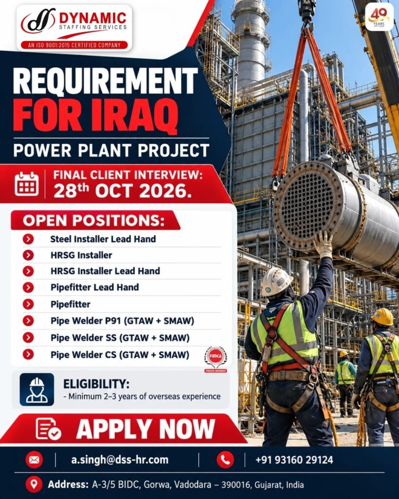 Iraq Jobs 2026: Power Plant Project Recruitment for Installers, Pipefitters and Welders