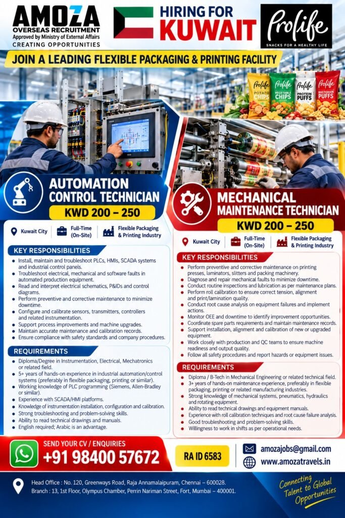 Kuwait Jobs 2026 – Recruitment for Automation Control and Mechanical Maintenance Technicians